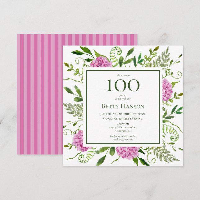 100th Birthday Pink Hydrangeas Invitation (Front/Back)