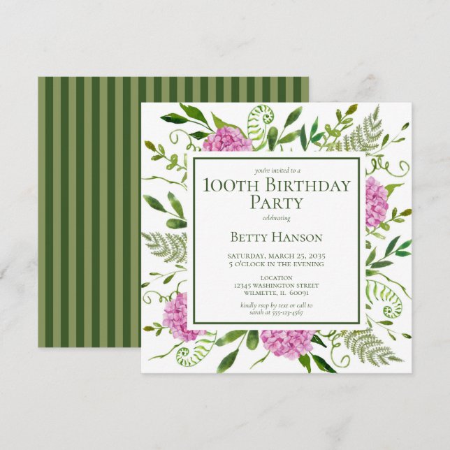 100th Birthday Pink Hydrangeas Invitation (Front/Back)
