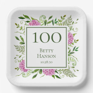 100th Birthday Pink Hydrangeas Paper Plate