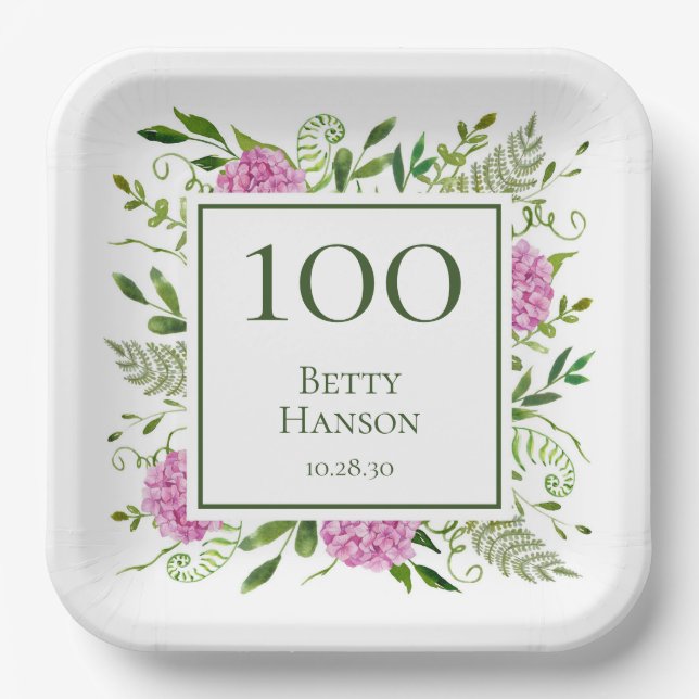 100th Birthday Pink Hydrangeas Paper Plate (Front)
