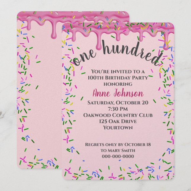 100th Birthday Pink Icing And Sprinkles Invitation (Front/Back)