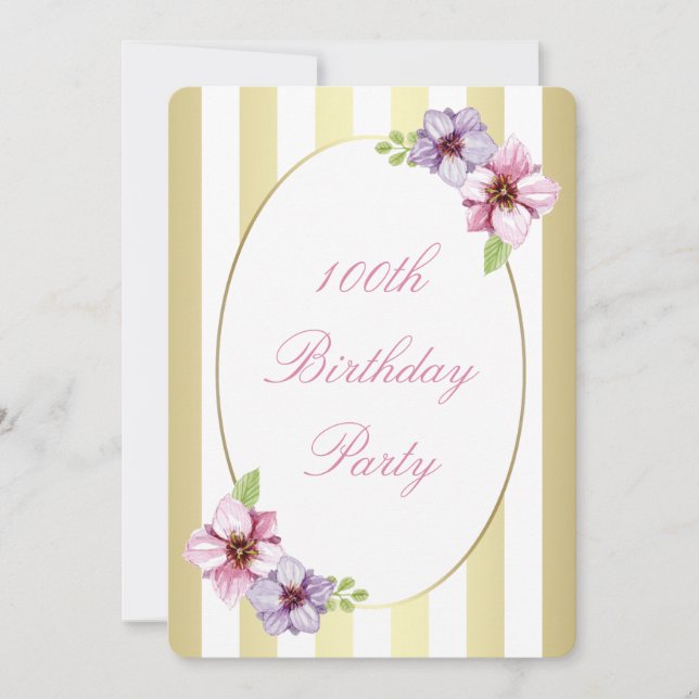 100th Birthday Pink Lilac Floral White Gold Stripe Invitation (Front)