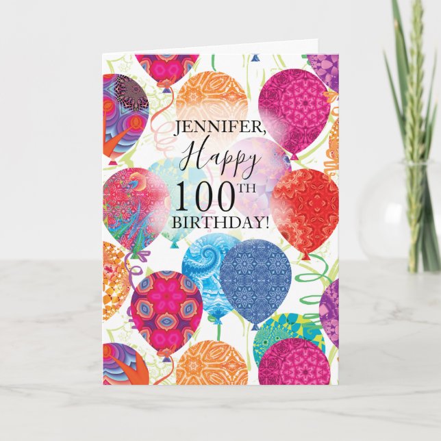 100th Birthday Pink Orange Turquoise Balloons  Card (Front)