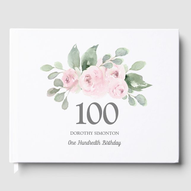 100th Birthday Pink Rose Floral Guest Book (Front)