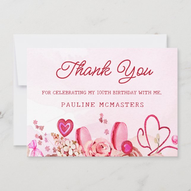 100th Birthday Pink Rose Swirly Heart Thank You (Front)