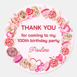 100th Birthday Pink Roses Swirly Heart  Classic Round Sticker