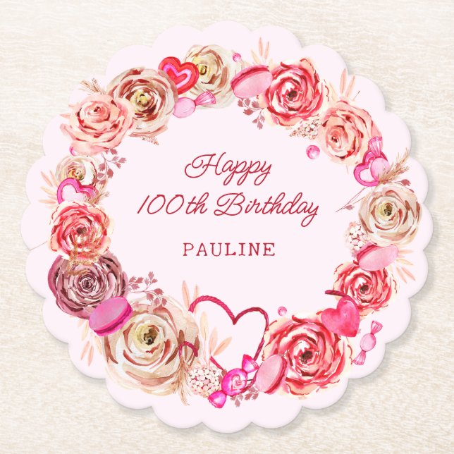 100th Birthday Pink Roses Swirly Heart Paper Coaster (Front)