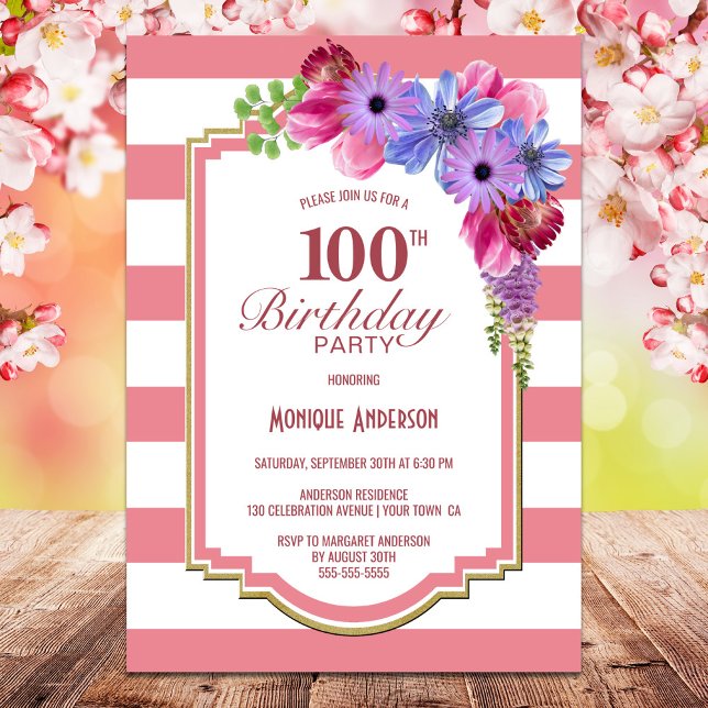 100th Birthday Pink Striped Lavender Floral Party Invitation (Creator Uploaded)