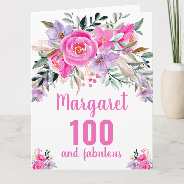 100th birthday pink watercolor floral  card (Front)