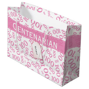 100th Birthday Pink/White Random Number Pattern Large Gift Bag