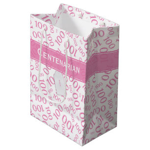 100th Birthday Pink/White Random Number Pattern Medium Gift Bag