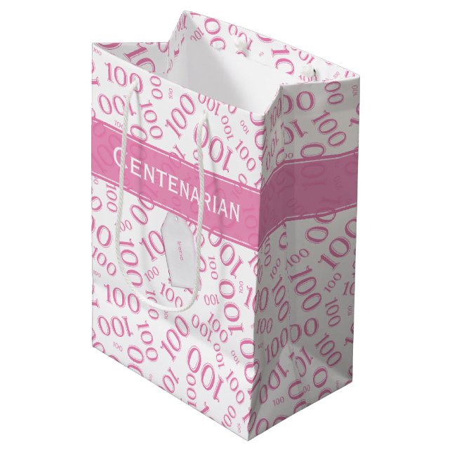 100th Birthday Pink/White Random Number Pattern Medium Gift Bag (Front Angled)