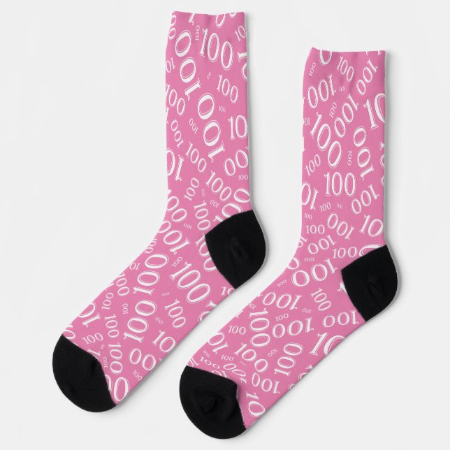 100th Birthday Pink/White Random Number Pattern Socks (Left)