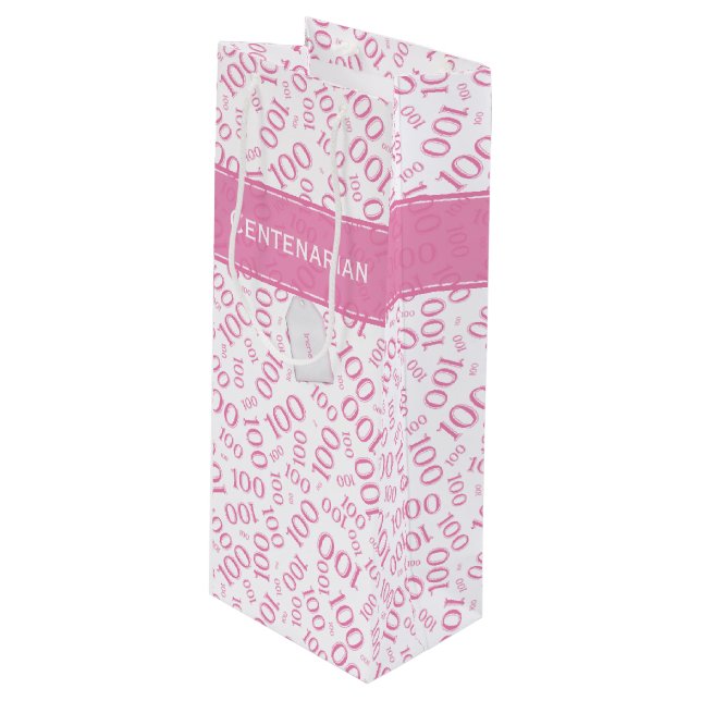 100th Birthday Pink/White Random Number Pattern Wine Gift Bag (Front Angled)