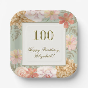 100th Birthday Plates Autumn Colour Floral Sage