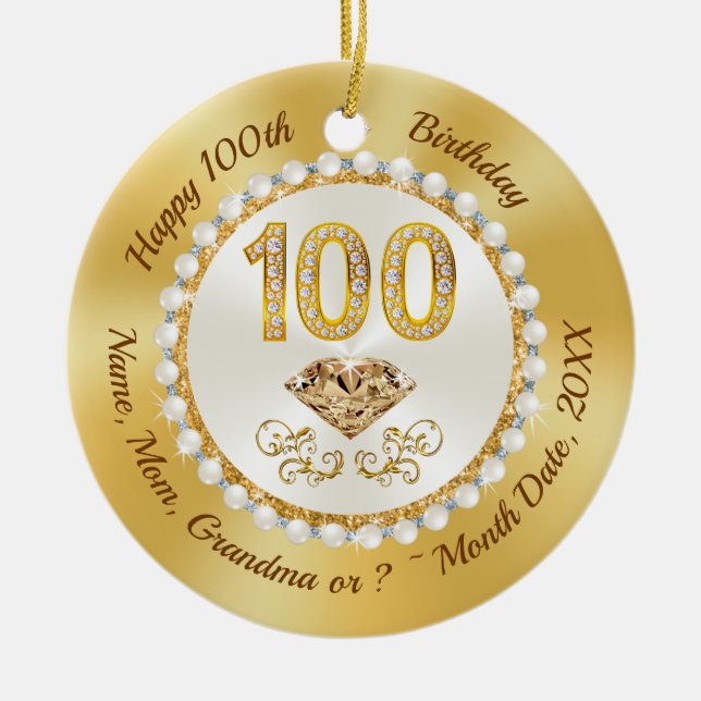 100th Birthday Presents for Her, 100th Birthday Ceramic Tree Decoration (Front)