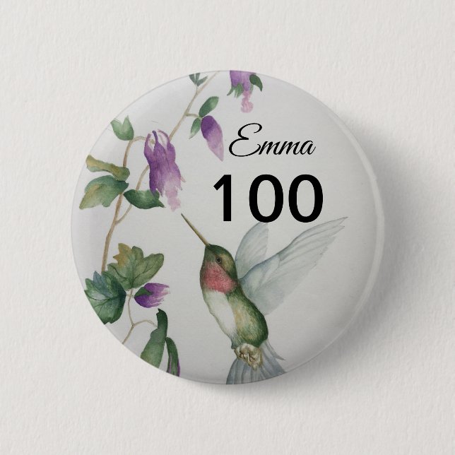 100th Birthday Pretty Bird Flowers Button (Front)