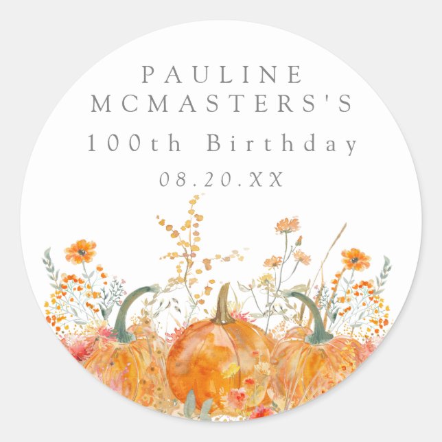 100th Birthday Pumpkin Wildflower Custom Favour Classic Round Sticker (Front)