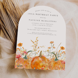 100th Birthday Pumpkin Wildflower Fall Watercolor Invitation