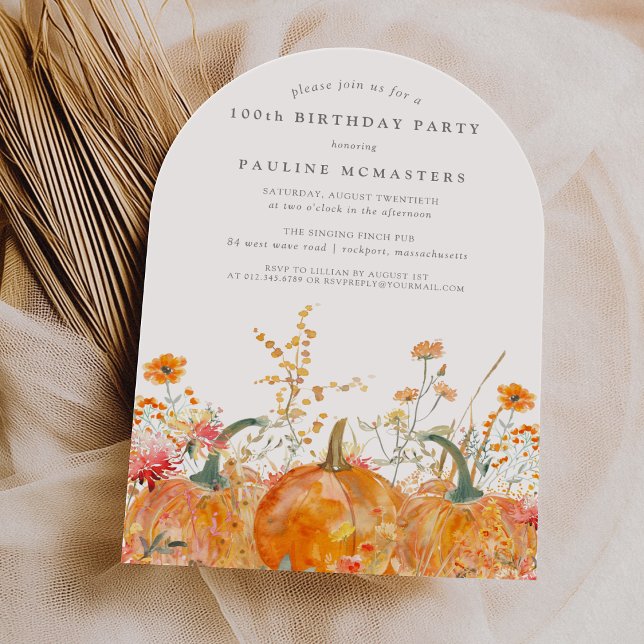 100th Birthday Pumpkin Wildflower Fall Watercolor Invitation (Creator Uploaded)