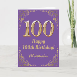 100th Birthday Purple and Gold Glitter Frame Card