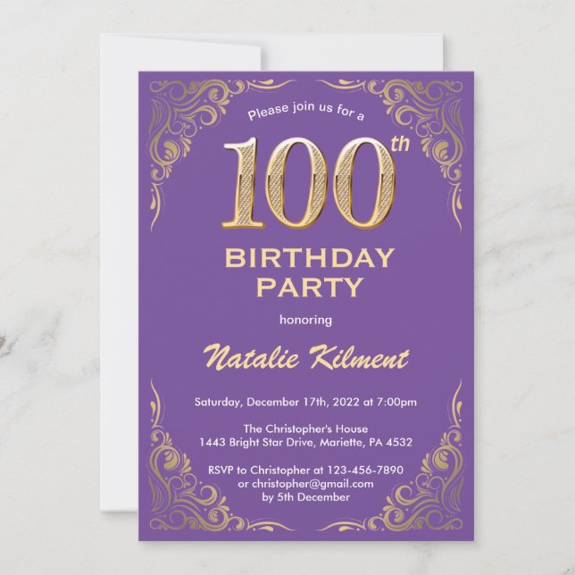 100th Birthday Purple and Gold Glitter Frame Invitation (Front)