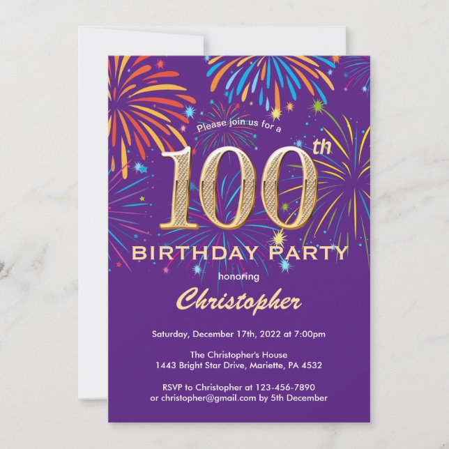 100th Birthday Purple and Gold Rainbow Fireworks Invitation (Front)