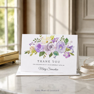 100th Birthday Purple Floral Flat Thank You Card