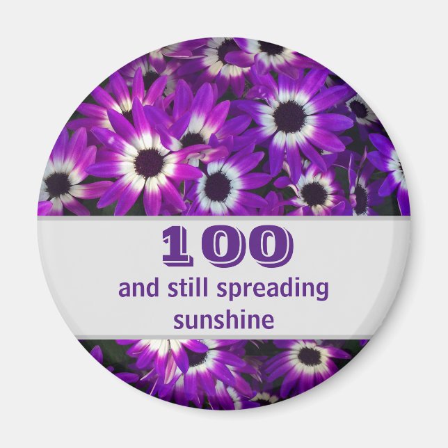 100th Birthday Purple Flower Milestone Celebration Magnet (Front)