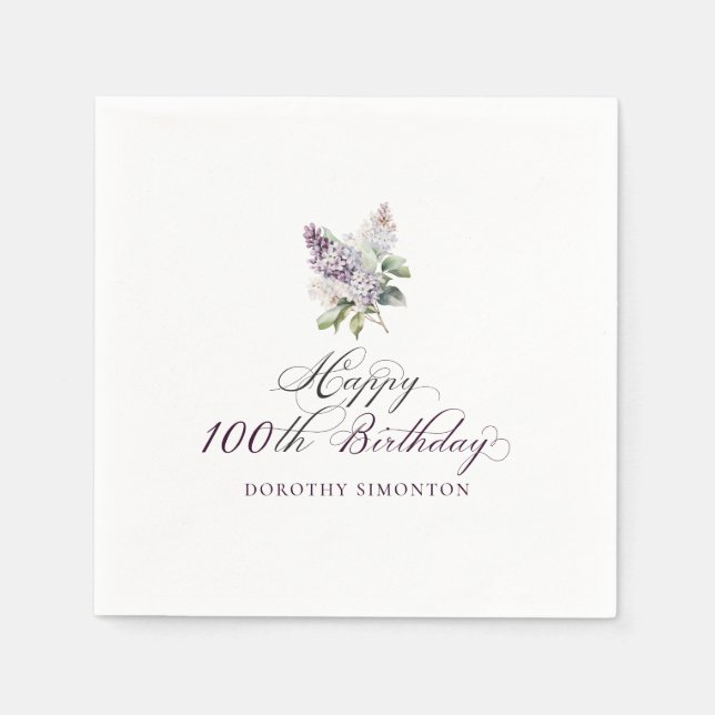 100th Birthday Purple Lilac Spring Flower Napkin (Front)