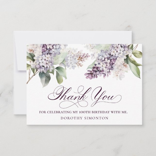 100th Birthday Purple Lilac Spring Flower Thank You Card (Front)