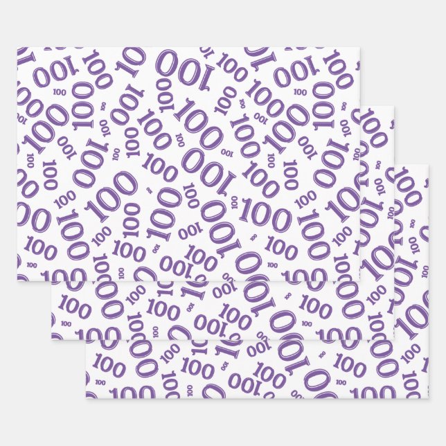100th Birthday  Purple Number Pattern 100 Wrapping Wrapping Paper Sheet (Set)