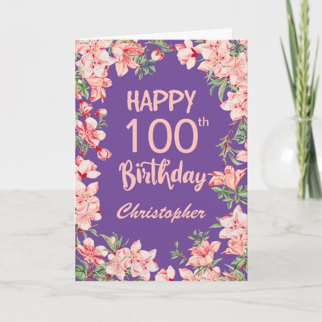 100th Birthday Purple Pink Peach Watercolor Floral Card (Front)
