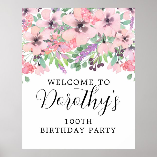 100th Birthday Purple Pink Wildflower Welcome Sign (Front)