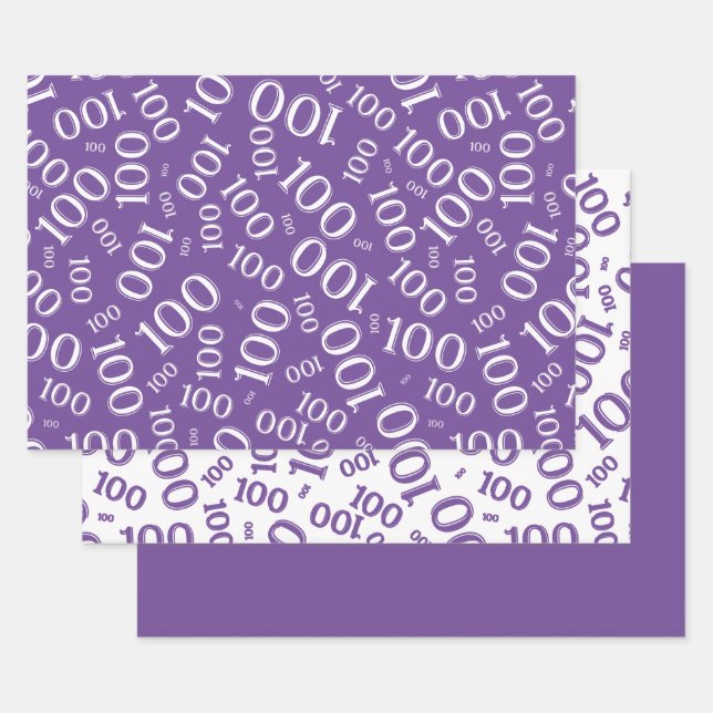 100th Birthday  Purple Random Number Pattern Wrapping Paper Sheet (Set)