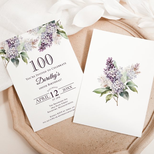 100th Birthday Purple Spring Lilac Flower Invitation (Creator Uploaded)