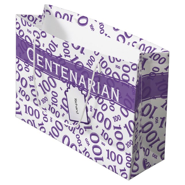 100th Birthday Purple/White Random Number Pattern- Large Gift Bag (Front Angled)