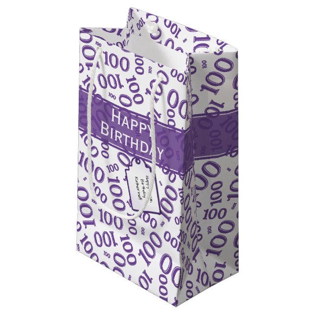 100th Birthday Purple/White Random Number Pattern- Small Gift Bag (Front Angled)