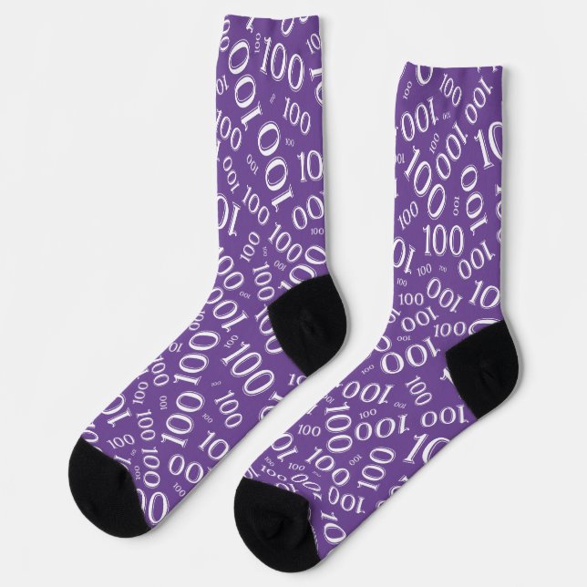 100th Birthday Purple/White Random Number Pattern Socks (Left)
