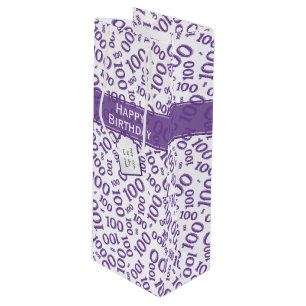 100th Birthday Purple/White Random Number Pattern- Wine Gift Bag