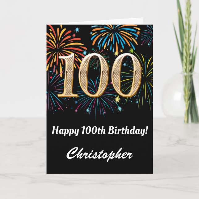 100th Birthday Rainbow Fireworks Black and Gold Card (Front)