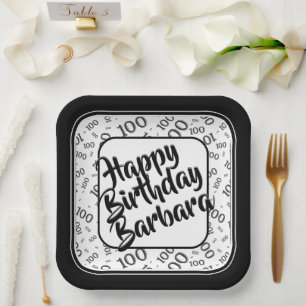 100th Birthday Random Number Pattern Black/White Paper Plate