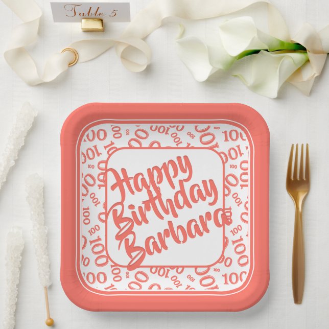 100th Birthday Random Number Pattern Coral/White Paper Plate (Wedding)