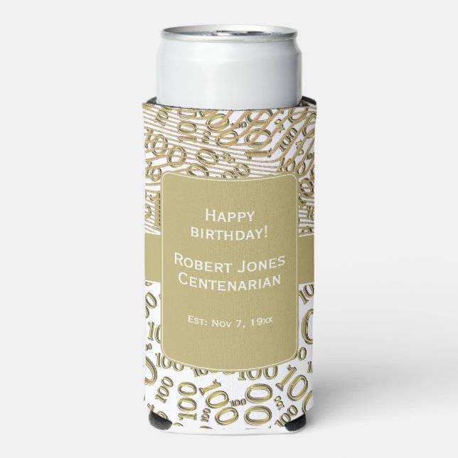 100th Birthday Random Number Pattern Gold  Seltzer Can Cooler (Seltzer Front)