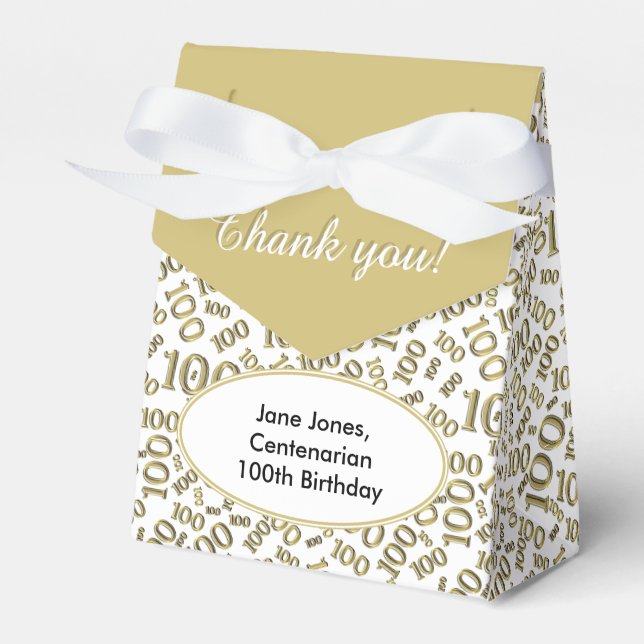 100th Birthday Random Number Pattern Gold/White Favour Box (Front Side)
