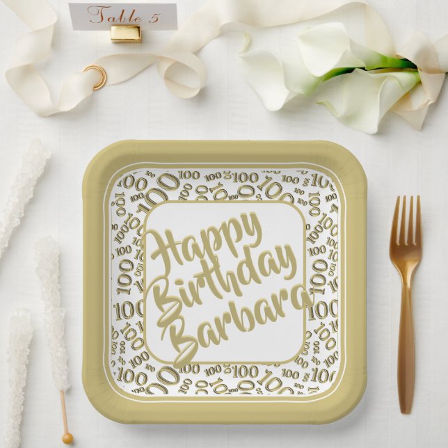 100th Birthday Random Number Pattern Gold/White Paper Plate (Wedding)