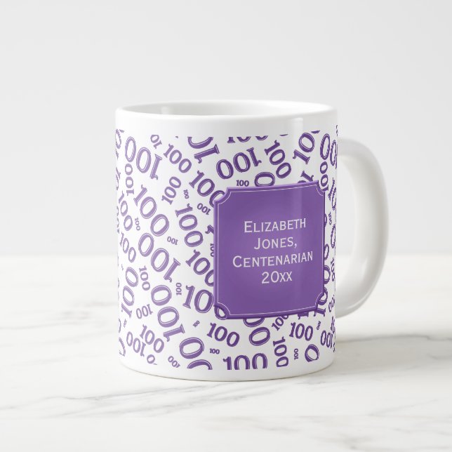 100th Birthday Random Purple Number Pattern Large Coffee Mug (Front Right)