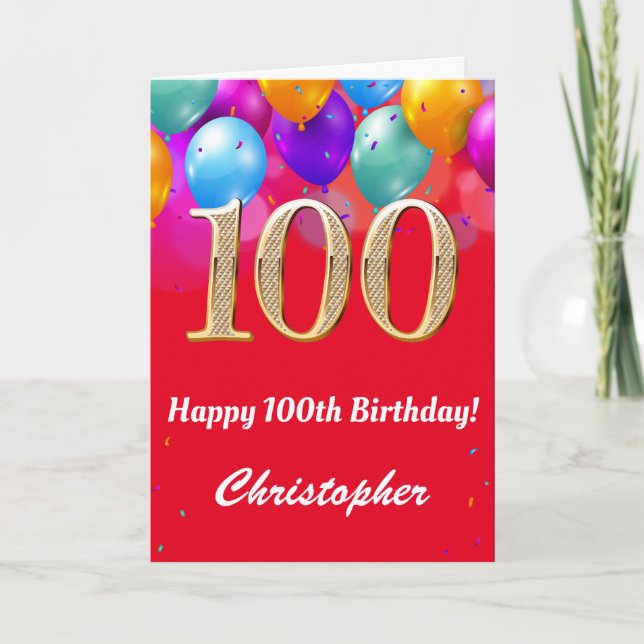 100th Birthday Red and Gold Colourful Balloons Card (Front)