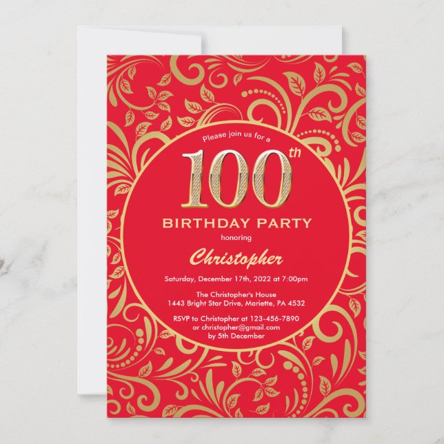 100th Birthday Red and Gold Floral Pattern Invitation (Front)