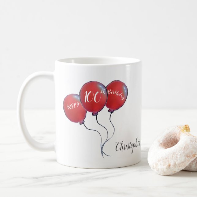 100th birthday red balloon gift coffee mug (With Donut)